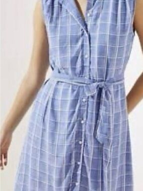 LOFT Light Blue Windowpane Button-Front Midi Dress